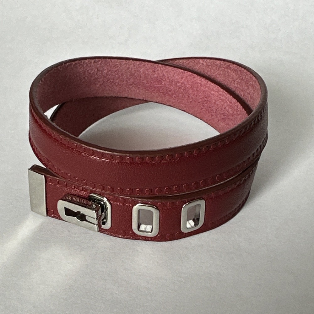 Fossil Red Leather Wrap Bracelet Silver Tone Buckle Stud Adjustable Boho Western
